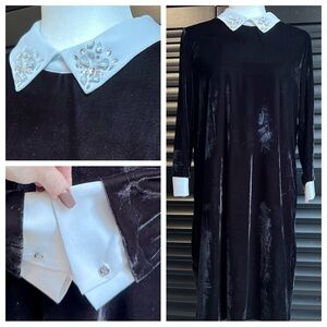 VTG CeCe Wednesday Velvet Funeral Dress White Collar Long Sleeve Bejeweled Large